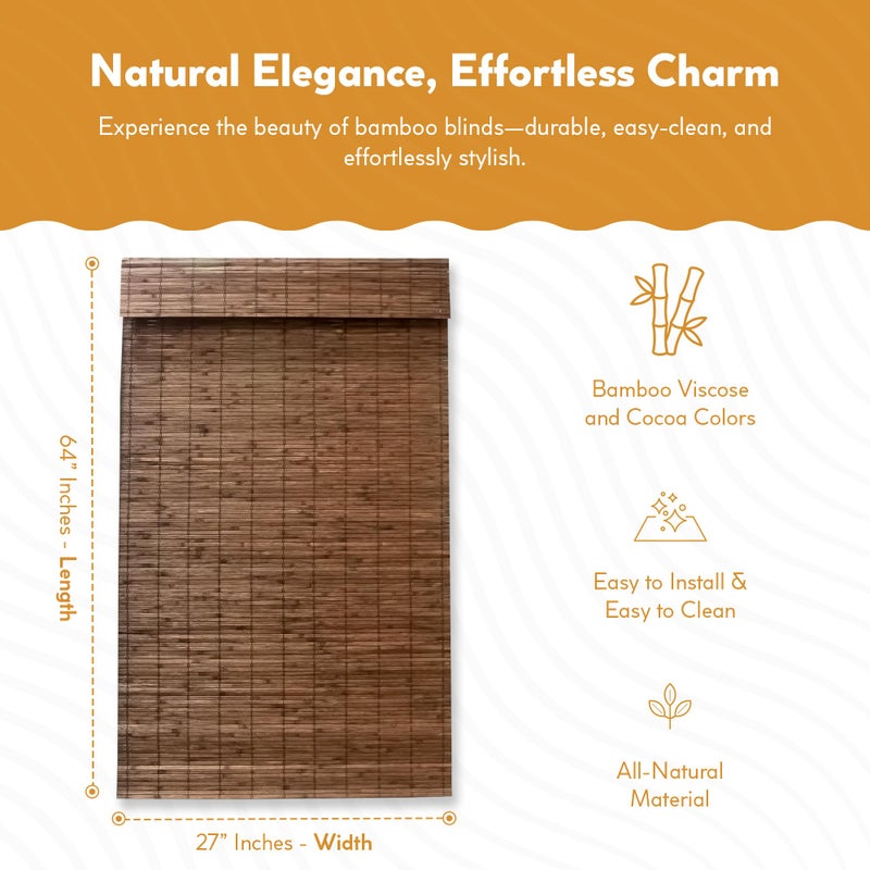 Radiance Cordless Bamboo Roman Shades for Windows - Flatstick Bamboo Blinds for Semi-Private Light Control - Easy to Lift & Fold Up Window Shades - Cocoa - 27 in. W x 64 in. L - (2216302E) - Image 2